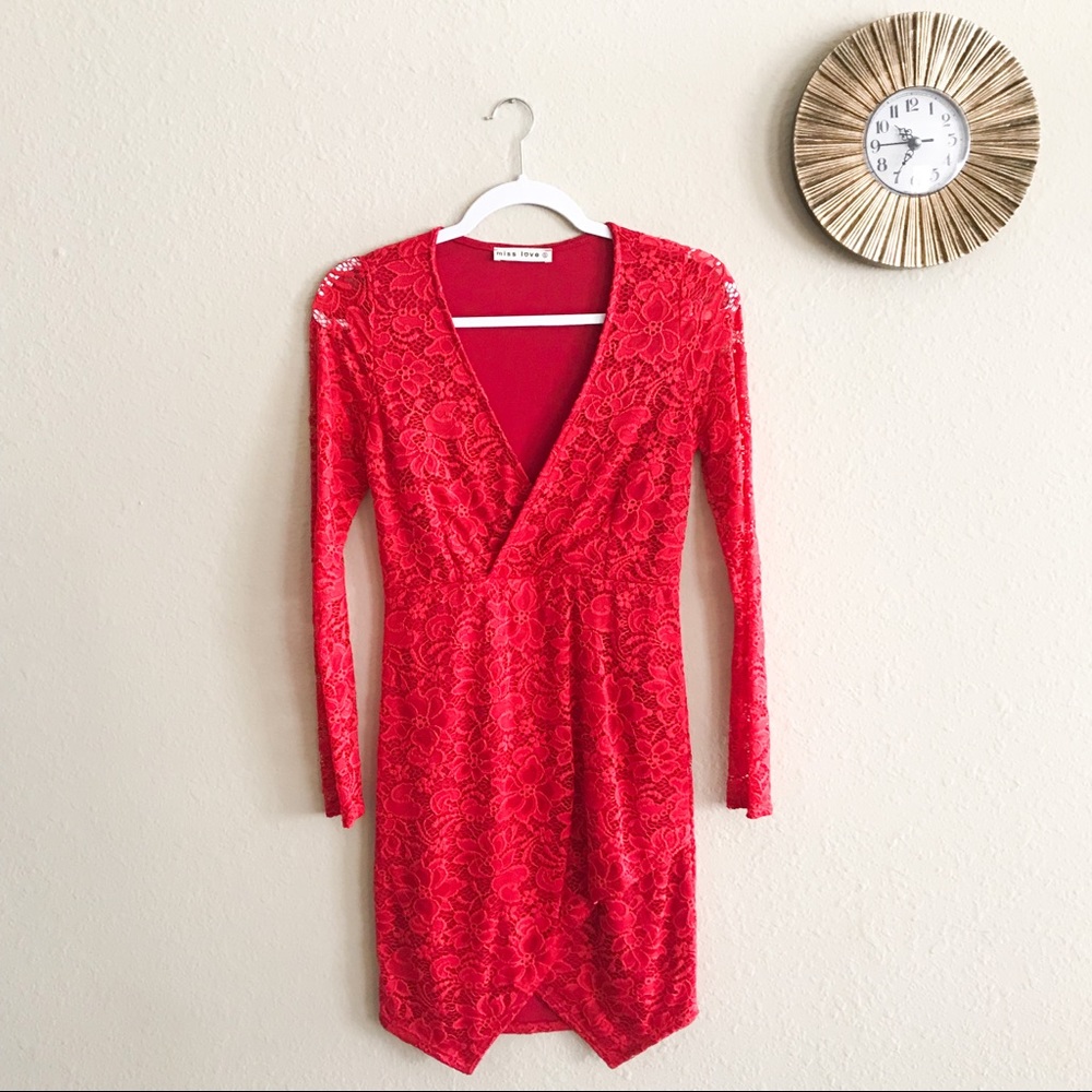 Red Lace Long Sleeve Dress with Asymmetrical Hem